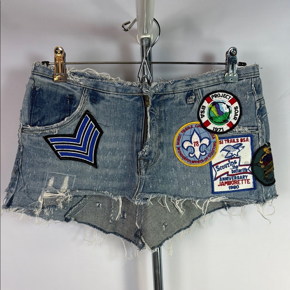 Reworked Micro Mini Skirt Distressed Denim Patchwork Women Shorts